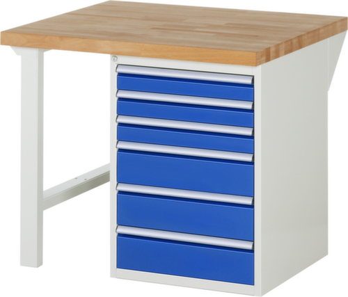 RAU werkbank Serie 7000 met containeronderstel, 6 lades, RAL7035 lichtgrijs/RAL5010 gentiaanblauw
