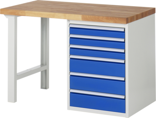RAU werkbank Serie 7000 met containeronderstel, 6 lades, RAL7035 lichtgrijs/RAL5010 gentiaanblauw