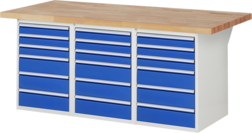 RAU werkbank Serie 7000 met containeronderstel, 18 laden, RAL7035 lichtgrijs/RAL5010 gentiaanblauw