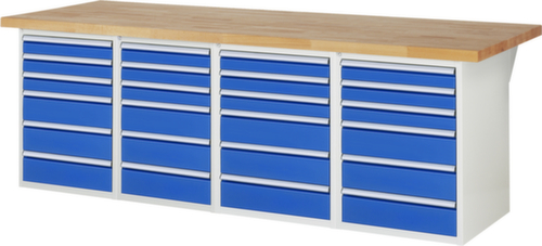 RAU werkbank Serie 7000 met containeronderstel, 24 laden, RAL7035 lichtgrijs/RAL5010 gentiaanblauw