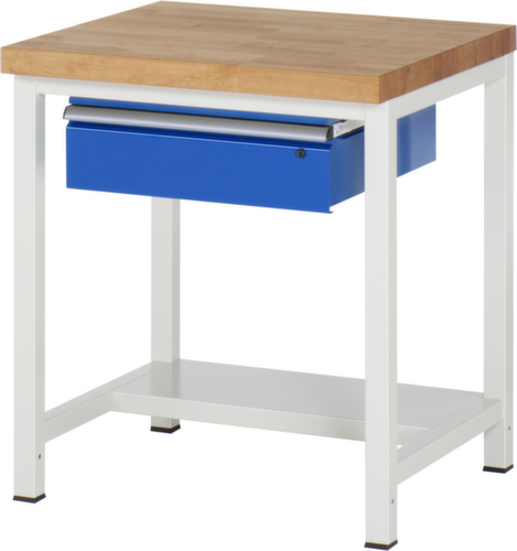 RAU In hoogte verstelbare werkbank Serie 8000, 1 lade, 1/2 legbord, RAL7035 lichtgrijs/RAL5010 gentiaanblauw