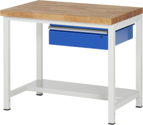 RAU In hoogte verstelbare werkbank Serie 8000, 1 lade, 1/2 legbord, RAL7035 lichtgrijs/RAL5010 gentiaanblauw