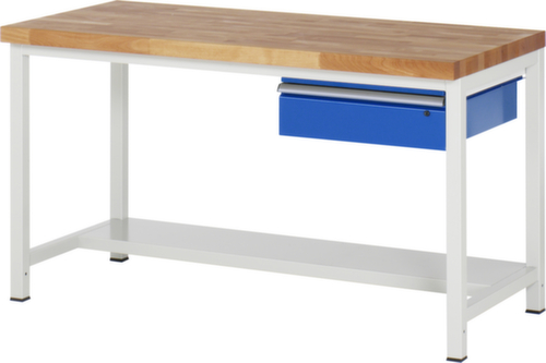 RAU In hoogte verstelbare werkbank Serie 8000, 1 lade, 1/2 legbord, RAL7035 lichtgrijs/RAL5010 gentiaanblauw
