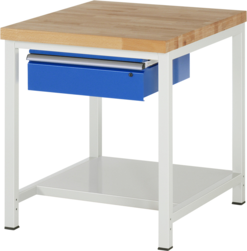 RAU In hoogte verstelbare werkbank Serie 8000, 1 lade, 1 legbord, RAL7035 lichtgrijs/RAL5010 gentiaanblauw