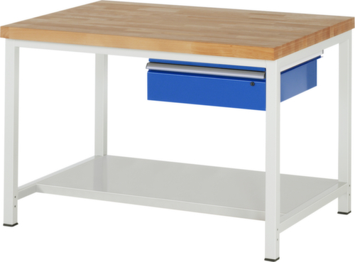 RAU In hoogte verstelbare werkbank Serie 8000, 1 lade, 1 legbord, RAL7035 lichtgrijs/RAL5010 gentiaanblauw