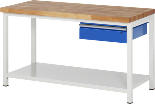 RAU In hoogte verstelbare werkbank Serie 8000, 1 lade, 1 legbord, RAL7035 lichtgrijs/RAL5010 gentiaanblauw