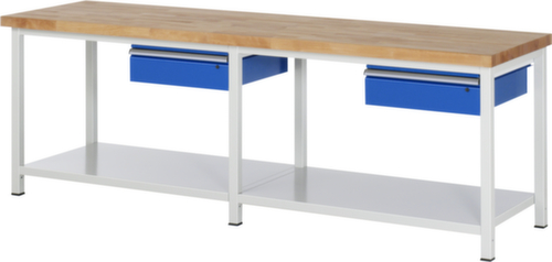 RAU In hoogte verstelbare werkbank Serie 8000, 2 laden, 1 legbord, RAL7035 lichtgrijs/RAL5010 gentiaanblauw