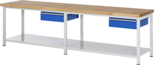RAU In hoogte verstelbare werkbank Serie 8000, 2 laden, 1 legbord, RAL7035 lichtgrijs/RAL5010 gentiaanblauw