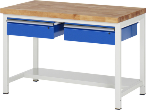 RAU In hoogte verstelbare werkbank Serie 8000, 2 laden, 1/2 legbord, RAL7035 lichtgrijs/RAL5010 gentiaanblauw