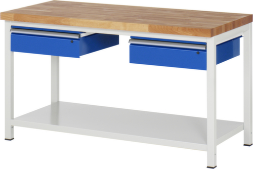 RAU In hoogte verstelbare werkbank Serie 8000, 2 laden, 1 legbord, RAL7035 lichtgrijs/RAL5010 gentiaanblauw