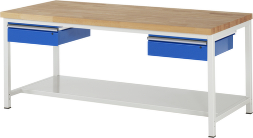 RAU In hoogte verstelbare werkbank Serie 8000, 2 laden, 1 legbord, RAL7035 lichtgrijs/RAL5010 gentiaanblauw