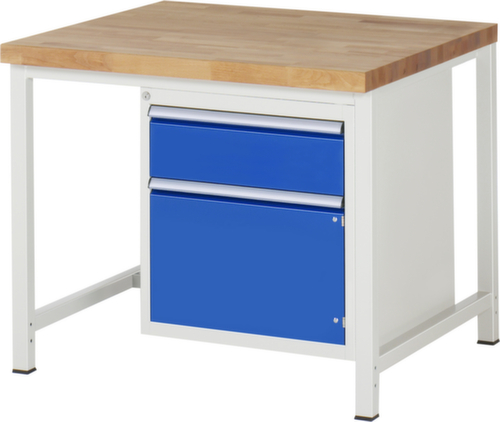 RAU In hoogte verstelbare werkbank Serie 8000, 1 lade, 1 kast, RAL7035 lichtgrijs/RAL5010 gentiaanblauw