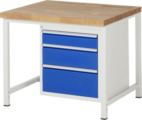 RAU In hoogte verstelbare werkbank Serie 8000, 3 laden, RAL7035 lichtgrijs/RAL5010 gentiaanblauw