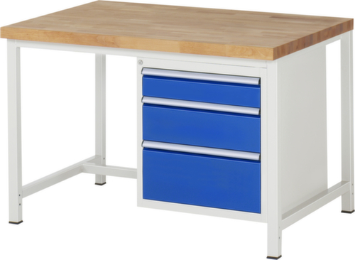RAU In hoogte verstelbare werkbank Serie 8000, 3 laden, RAL7035 lichtgrijs/RAL5010 gentiaanblauw