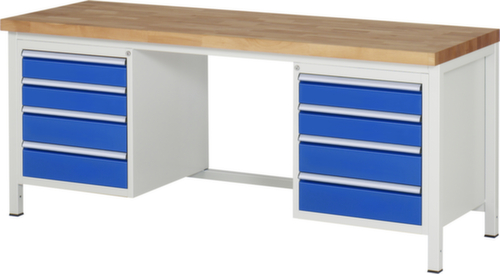 RAU In hoogte verstelbare werkbank Serie 8000, 8 laden, RAL7035 lichtgrijs/RAL5010 gentiaanblauw