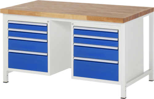 RAU In hoogte verstelbare werkbank Serie 8000, 8 laden, RAL7035 lichtgrijs/RAL5010 gentiaanblauw