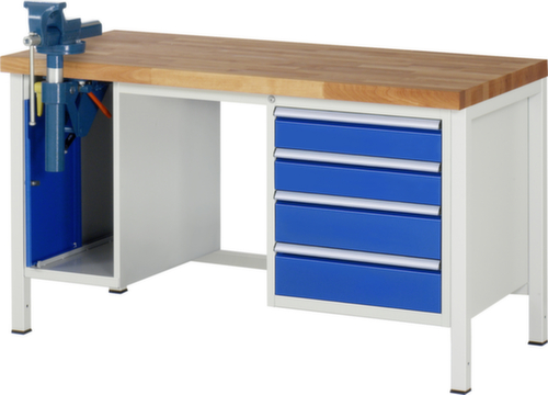 RAU in hoogte verstelbare werkbank Serie 8000 met bankschroef, 4 laden, 1 kast, 1 bankschroef, RAL7035 lichtgrijs/RAL5010 gentiaanblauw