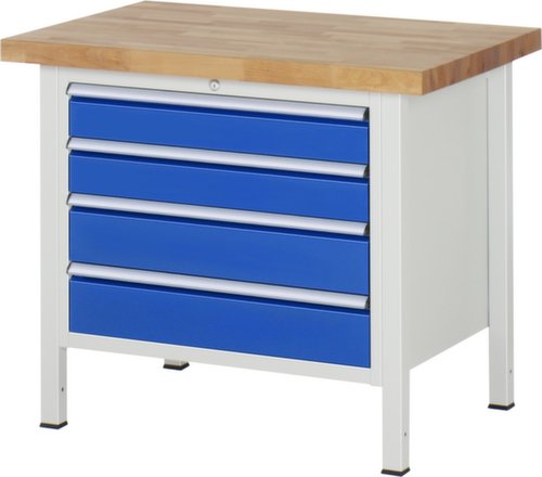 RAU In hoogte verstelbare werkbank Serie 8000, 4 laden, RAL7035 lichtgrijs/RAL5010 gentiaanblauw