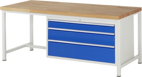 RAU In hoogte verstelbare werkbank Serie 8000, 3 laden, RAL7035 lichtgrijs/RAL5010 gentiaanblauw