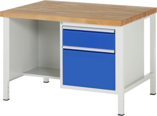 RAU In hoogte verstelbare werkbank Serie 8000, 2 laden, RAL7035 lichtgrijs/RAL5010 gentiaanblauw