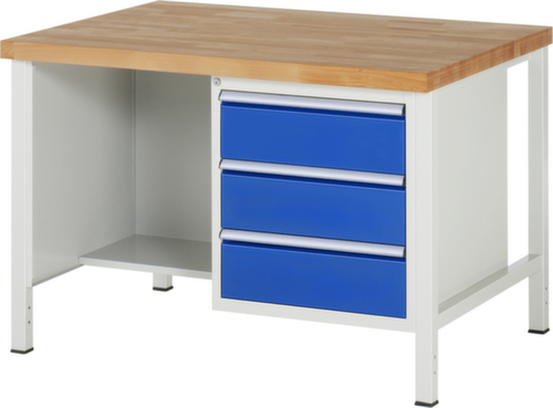 RAU In hoogte verstelbare werkbank Serie 8000, 3 laden, RAL7035 lichtgrijs/RAL5010 gentiaanblauw