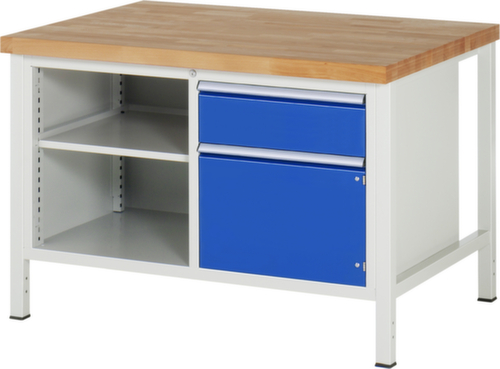 RAU In hoogte verstelbare werkbank Serie 8000, 1 lade, 1 kast, 2 legborden, RAL7035 lichtgrijs/RAL5010 gentiaanblauw