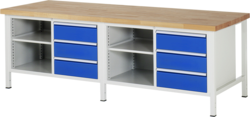RAU In hoogte verstelbare werkbank Serie 8000, 6 laden, 4 legborden, RAL7035 lichtgrijs/RAL5010 gentiaanblauw