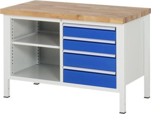 RAU In hoogte verstelbare werkbank Serie 8000, 4 laden, 2 legborden, RAL7035 lichtgrijs/RAL5010 gentiaanblauw
