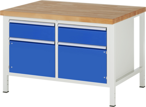 RAU In hoogte verstelbare werkbank Serie 8000, 2 laden, 2 kasten, RAL7035 lichtgrijs/RAL5010 gentiaanblauw