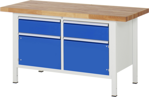 RAU In hoogte verstelbare werkbank Serie 8000, 2 laden, 2 kasten, RAL7035 lichtgrijs/RAL5010 gentiaanblauw