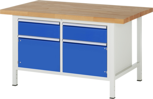 RAU In hoogte verstelbare werkbank Serie 8000, 2 laden, 2 kasten, RAL7035 lichtgrijs/RAL5010 gentiaanblauw