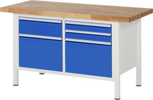 RAU In hoogte verstelbare werkbank Serie 8000, 5 laden, RAL7035 lichtgrijs/RAL5010 gentiaanblauw