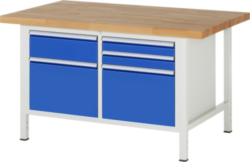 RAU In hoogte verstelbare werkbank Serie 8000, 5 laden, RAL7035 lichtgrijs/RAL5010 gentiaanblauw