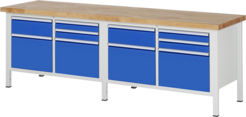 RAU In hoogte verstelbare werkbank Serie 8000, 10 laden, RAL7035 lichtgrijs/RAL5010 gentiaanblauw