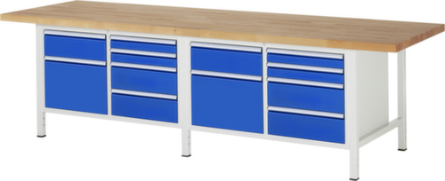 RAU In hoogte verstelbare werkbank Serie 8000, 10 laden, RAL7035 lichtgrijs/RAL5010 gentiaanblauw