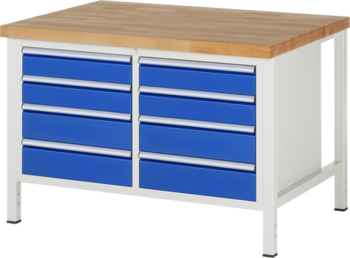 RAU In hoogte verstelbare werkbank Serie 8000, 8 laden, RAL7035 lichtgrijs/RAL5010 gentiaanblauw