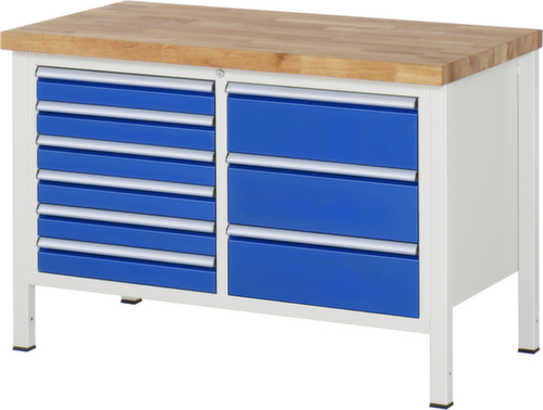 RAU In hoogte verstelbare werkbank Serie 8000, 9 lades, RAL7035 lichtgrijs/RAL5010 gentiaanblauw