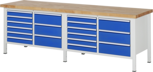 RAU In hoogte verstelbare werkbank Serie 8000, 18 laden, RAL7035 lichtgrijs/RAL5010 gentiaanblauw