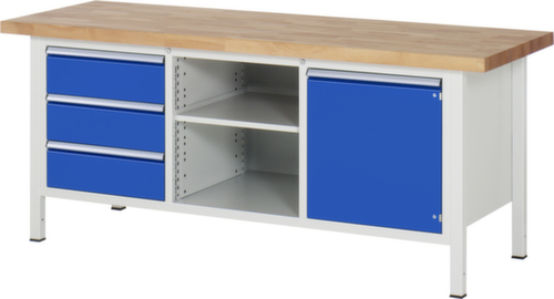 RAU In hoogte verstelbare werkbank Serie 8000, 3 laden, 1 kast, 1 legbord, RAL7035 lichtgrijs/RAL5010 gentiaanblauw