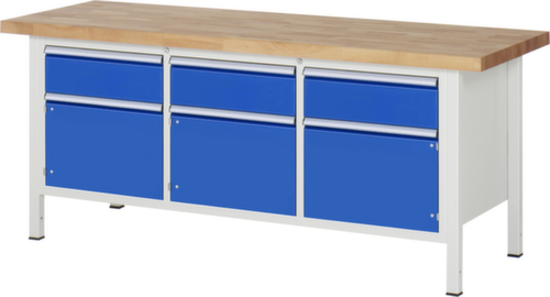 RAU In hoogte verstelbare werkbank Serie 8000, 3 laden, 3 kasten, RAL7035 lichtgrijs/RAL5010 gentiaanblauw