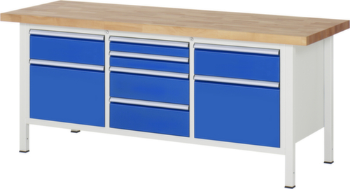 RAU In hoogte verstelbare werkbank Serie 8000, 8 laden, RAL7035 lichtgrijs/RAL5010 gentiaanblauw