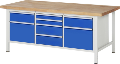 RAU In hoogte verstelbare werkbank Serie 8000, 8 laden, RAL7035 lichtgrijs/RAL5010 gentiaanblauw