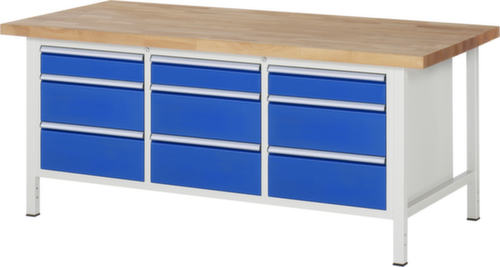 RAU In hoogte verstelbare werkbank Serie 8000, 9 lades, RAL7035 lichtgrijs/RAL5010 gentiaanblauw