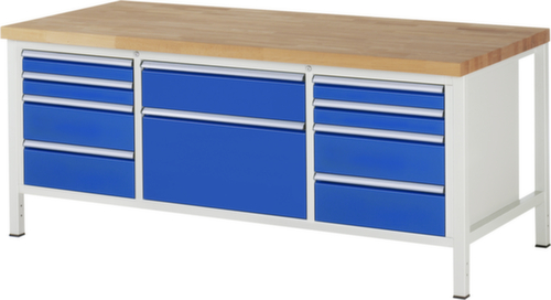 RAU In hoogte verstelbare werkbank Serie 8000, 10 laden, RAL7035 lichtgrijs/RAL5010 gentiaanblauw