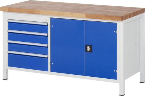 RAU In hoogte verstelbare werkbank Serie 8000, 4 laden, 1 kast, RAL7035 lichtgrijs/RAL5010 gentiaanblauw