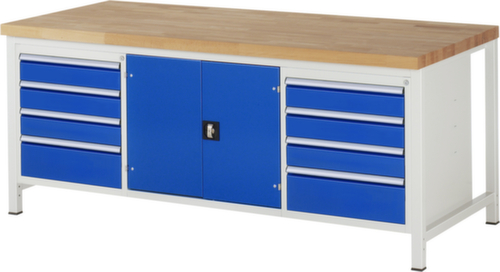 RAU In hoogte verstelbare werkbank Serie 8000, 8 laden, 1 kast, RAL7035 lichtgrijs/RAL5010 gentiaanblauw
