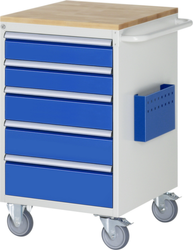 RAU Verrijdbare werkbank Serie 7000, 5 laden, 1 documenthoes, 1 duwbeugel, RAL7035 lichtgrijs/RAL5010 gentiaanblauw