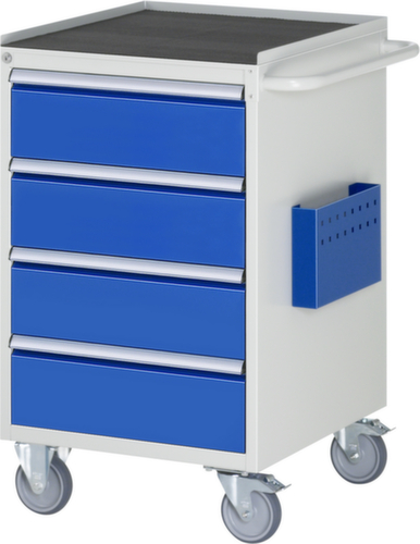 RAU Verrijdbare werkbank Serie 7000, 4 laden, 1 documenthoes, 1 duwbeugel, RAL7035 lichtgrijs/RAL5010 gentiaanblauw