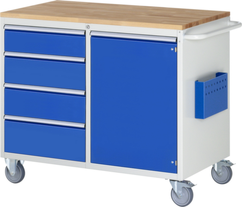 RAU Verrijdbare werkbank Serie 7000, 4 laden, 1 kast, 1 documenthoes, 1 duwbeugel, RAL7035 lichtgrijs/RAL5010 gentiaanblauw