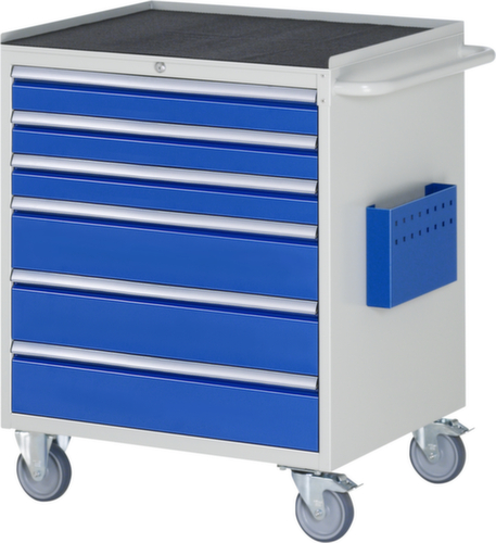 RAU Verrijdbare werkbank Serie 7000, 6 laden, 1 documenthoes, 1 duwbeugel, RAL7035 lichtgrijs/RAL5010 gentiaanblauw